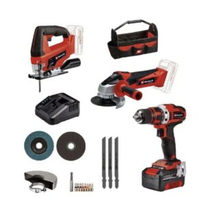 Kit Utensili a Batteria Einhell TE-TK 18/3 Li Kit (JS+CD+AG) – Trapano Avvitatore, Smerigliatrice e Seghetto Alternativo