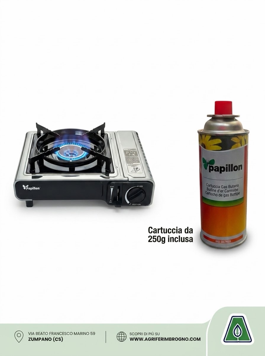 Fornello Portatile a Gas Papillon con
Accensione Piezoelettrica - Cartuccia
250 g Inclusa 1 Fornello Portatile a Gas Papillon con
Accensione Piezoelettrica - Cartuccia
250 g Inclusa