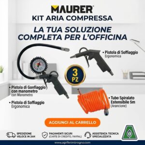 *Kit Aria Compressa Maurer – Set Completo 3 Pezzi con Pistola di Gonfiaggio, Manometro, Pistola di Soffiaggio e Tubo Spirale da 5 Metri*